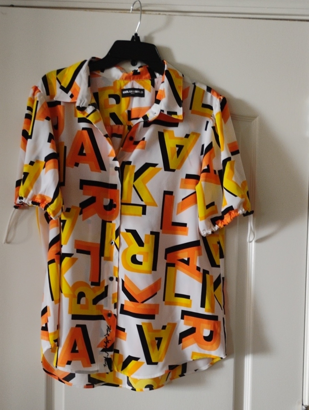 Karl Lagerfeld Short-Sleeve Button Shirt with Black, Yellow & Orange Lettering